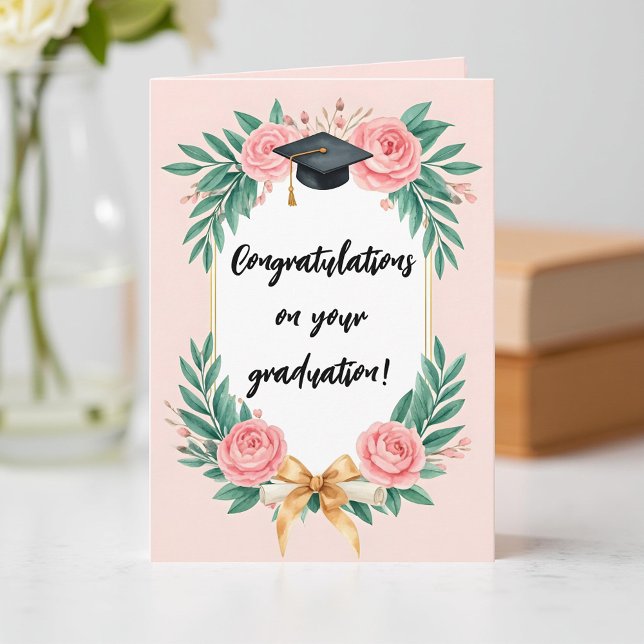 Pink Watercolor Floral Roses Graduation Cap Karte (Von Creator hochgeladen)