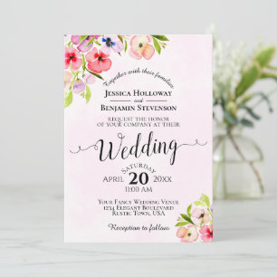 Pink Watercolor Floral Stiefmütterchen Hochzeit Einladung