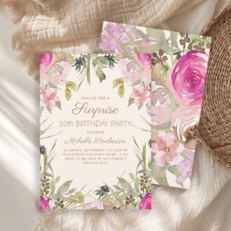 Pink Watercolor Floral Überraschung 50. Geburtstag Einladung