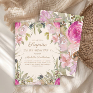 Pink Watercolor Floral Überraschung zum 21. Geburt Einladung
