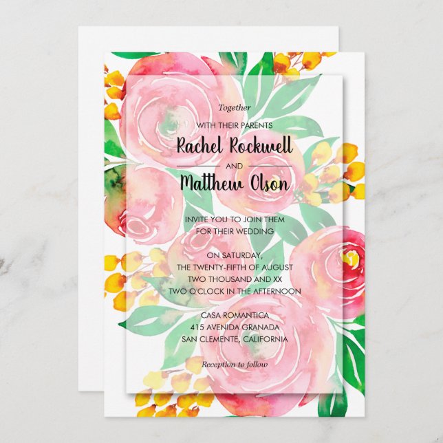 Pink Watercolor Floral Wedding Einladung (Vorne/Hinten)