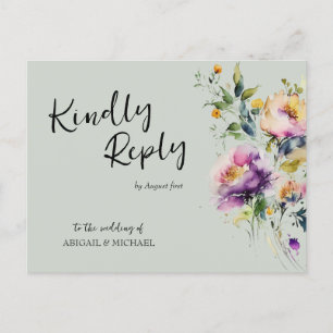 Pink Watercolor Floral Wedding RSVP Postcard Postkarte