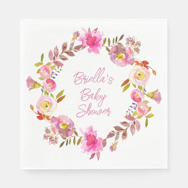 Pink Watercolor Floral Wreath Serviette (Vorderseite)