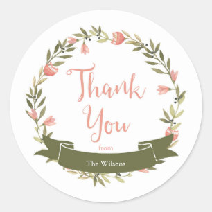 Pink Watercolor Floral Wreath Vielen Dank Runder Aufkleber