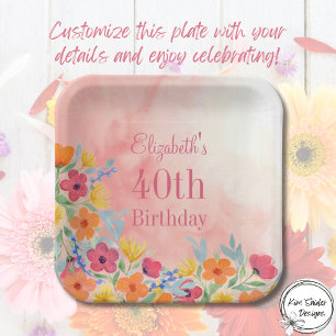 Pink Watercolor Florals 40. Geburtstag Pappteller