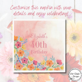 Pink Watercolor Florals 40. Geburtstag Serviette