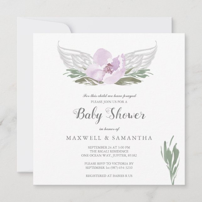 Pink Watercolor Florals Angel Wings Baby Dusche Einladung (Vorderseite)