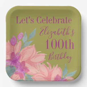 Pink Watercolor Florals individuell gestaltete Geb Pappteller