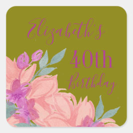 Pink Watercolor Florals individuell gestaltete Geb Quadratischer Aufkleber