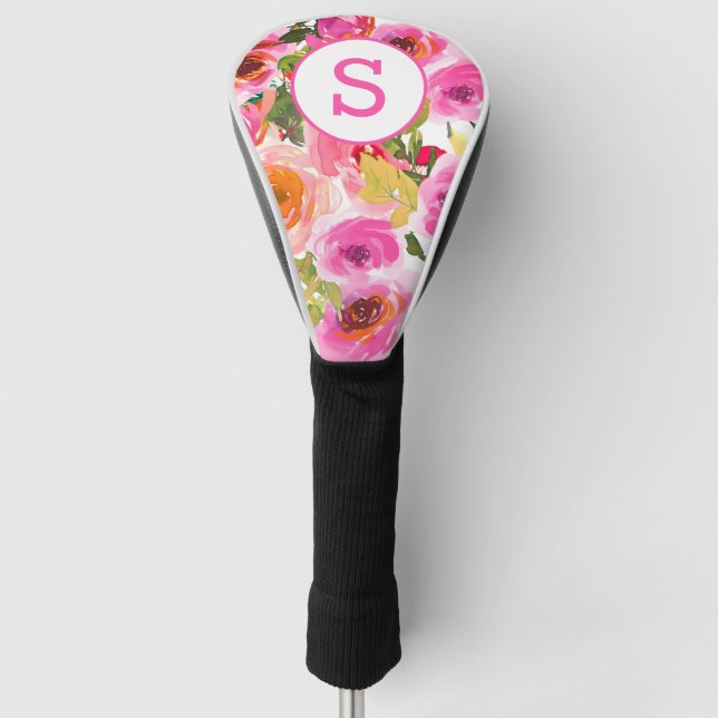 Pink Watercolor Florals Mit Monogramm Golf Headcover (Vorderseite)