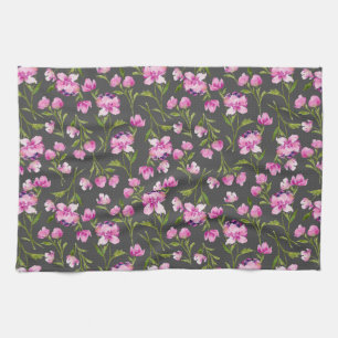 Pink Watercolor Florals on Gray Kitchen Handtuch