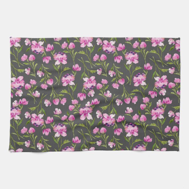 Pink Watercolor Florals on Gray Kitchen Handtuch (Horizontal)