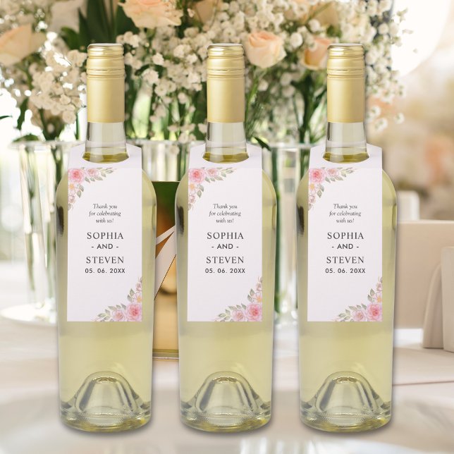 Pink Watercolor flowers Gold Modern Wedding Party Flaschenanhänger (Von Creator hochgeladen)