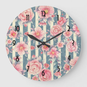 Pink Watercolor Flowers on Striped Pattern Large C Große Wanduhr