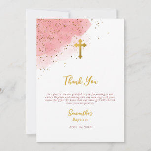 Pink Watercolor Glitzer Gold Cross Taufe Girl Dankeskarte