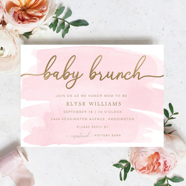 Pink Watercolor Gold Baby Brunch Einladung (Baby Shower Brunch Invitation Pink Watercolour Gold)