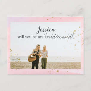 Pink Watercolor Gold Bridesmaid Vorschlag Foto Feiertagspostkarte