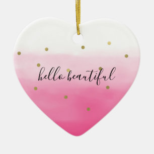 Pink Watercolor Gold Confetti Ombre Beautiful Keramik Ornament
