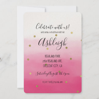Pink Watercolor Gold Confetti Ombre Geburtstag Einladung