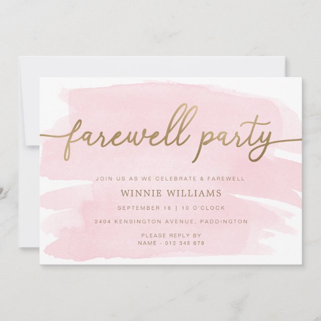 Pink Watercolor Gold Farewell Party Einladung (Vorderseite)