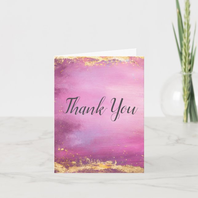 Pink Watercolor & Gold Foil Trim Danke Karte (Vorderseite)