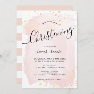 Pink Watercolor Gold Spritzer Girl Christening Einladung