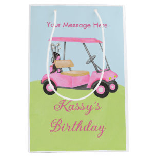 Pink Watercolor Golf Cart Name Meldung Mittlere Geschenktüte