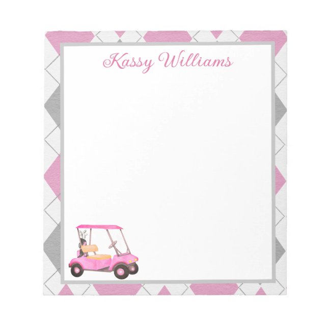 Pink Watercolor Golf Cart Name Notizblock (Vorderseite)