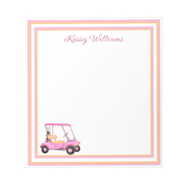 Pink Watercolor Golf Cart Name Notizblock (Vorderseite)