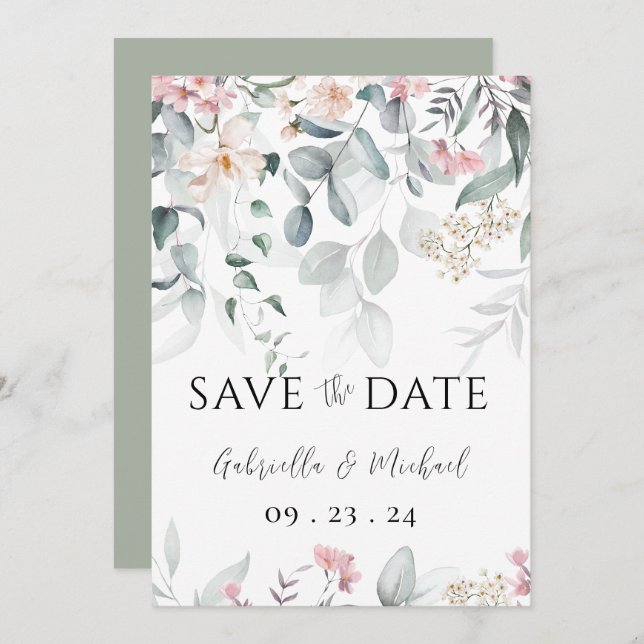 Pink Watercolor Grüne Hochzeit Save The Date (Vorne/Hinten)