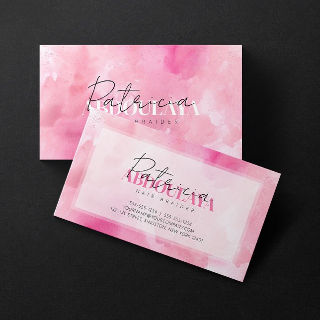 Pink Watercolor Hair Braider Script Typografy Visitenkarte (Von Creator hochgeladen)