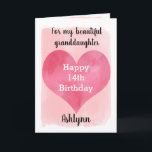 Pink Watercolor Happy 14th Birthday Granddaughter Karte<br><div class="desc">A pretty watercolor 14th birthday card for girls that feature a watercolor heart against a pretty pink watercolor, which you can personalize underneath the heart with her name. The inside of this pretty birthday card reads a birthday gefühle, which can be easily personalized. The back feys the same heart along...</div>