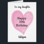 Pink Watercolor Heart 37th Birthday Card<br><div class="desc">A personalized watercolor pink heart 37th birthday card for daughter, sister, wife and more. The front of this heart 37th birthday card for her can be personalized with the birthday recipient's name. The inside birthday message can also be edited. This would make a unique personalized card keepsake for her thirty...</div>