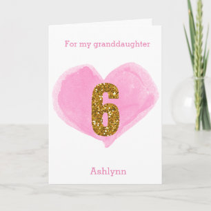 Pink Watercolor Heart Gold Glitzer 6. Geburtstag Karte