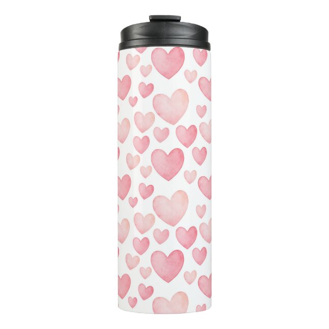 Pink Watercolor Hearts Pattern Thermosbecher (Vorderseite)