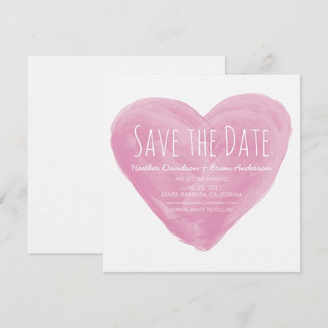 Pink Watercolor Herz Save the Date einladen Einladung (Vorne/Hinten)