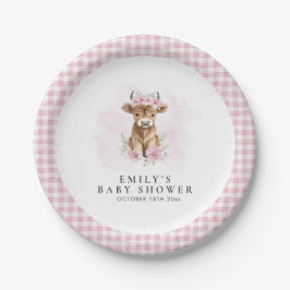 Pink Watercolor Highland Cow Girl Baby Shower Pappteller