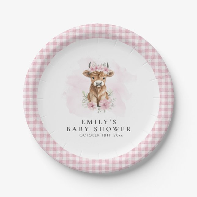 Pink Watercolor Highland Cow Girl Baby Shower Pappteller (Vorderseite)