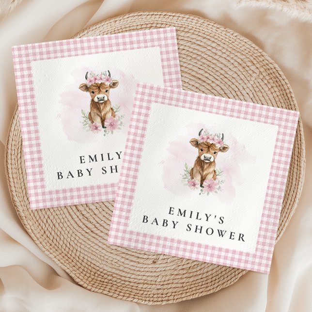 Pink Watercolor Highland Cow Girl Baby Shower Serviette (Von Creator hochgeladen)