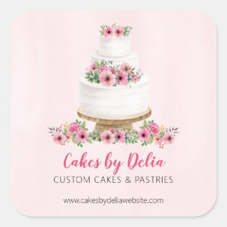 Pink Watercolor Hochzeitstorte Quadratischer Aufkleber