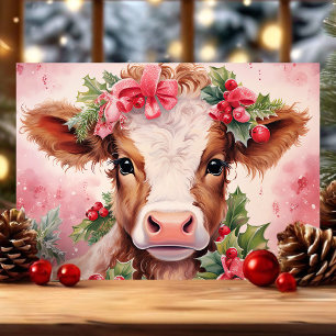 Pink Watercolor Holly Baby Cow Weihnachten