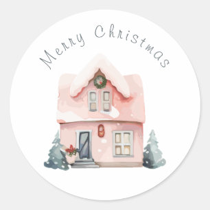 Pink Watercolor House Weihnachten Runder Aufkleber