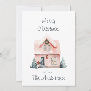 Pink Watercolor House Weihnachtskarte Einladung