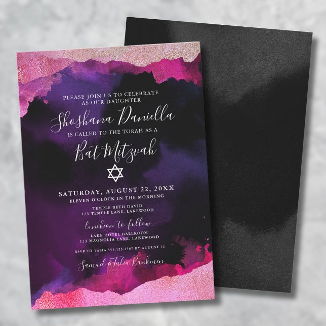 Pink Watercolor Jüdischer Bat Mitzvah Einladung (Pink Watercolor Jewish Bat Mitzvah Invitation)