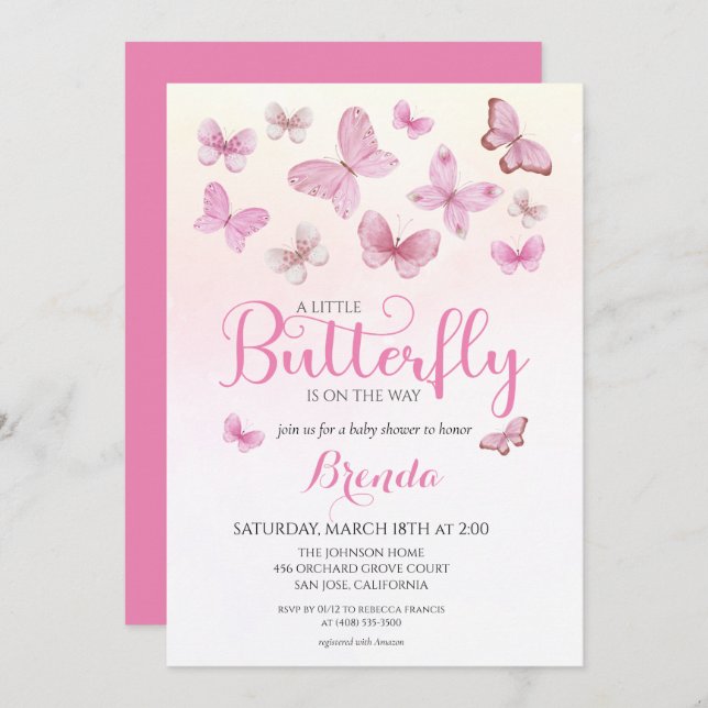 Pink Watercolor Kleine Butterfly Girl Babydusche Einladung (Vorne/Hinten)
