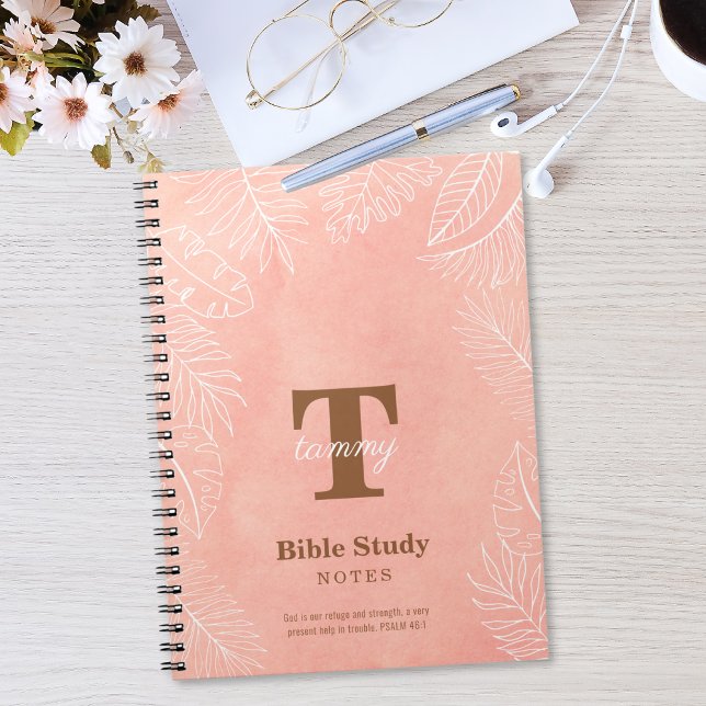 Pink Watercolor Leaves Monogram Bible Study Notizblock (Von Creator hochgeladen)