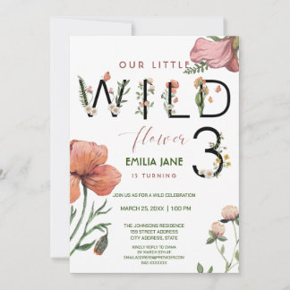 Pink Watercolor Little Poppies 3. Geburtstag Einladung
