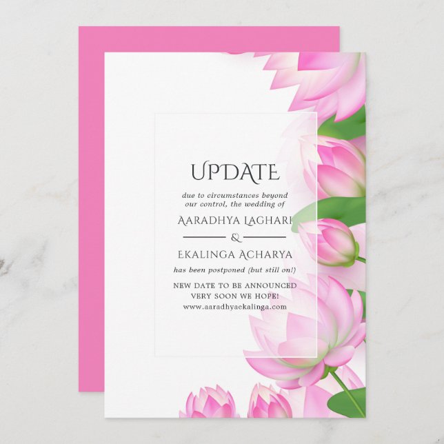 Pink Watercolor Lotus Blume Indian Wedding Update Einladung (Vorne/Hinten)