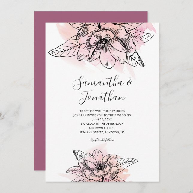 Pink Watercolor Magnolia Blume Hochzeit Einladung (Vorne/Hinten)