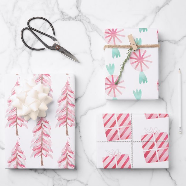 Pink Watercolor Mint Tree Weihnachtswrapping Papie Geschenkpapier Set (Vorderseite)